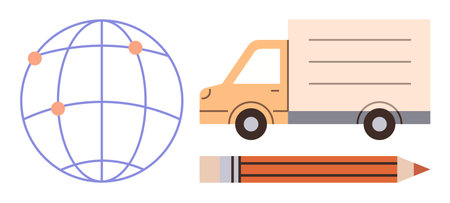 Globe with markers signifies connectivity, delivery truck indicates logistics, pencil implies planning. Ideal for logistics, global network, supply chain, transportation, commerce, strategyのイラスト素材