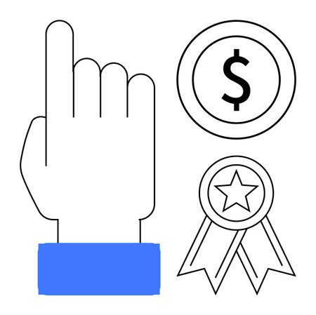 Business goals, rewards, financial success, productivity, achievements, motivation. Hand pointing upward, dollar symbol and award ribbon. Business goals and rewards conceptのイラスト素材