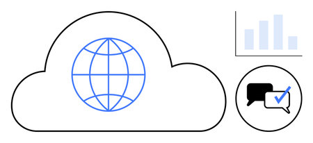 Cloud with globe, speech bubbles, and chart elements highlighting data storage, collaboration, and analytics. Ideal for technology, networking, globalization, digital communication data managementのイラスト素材