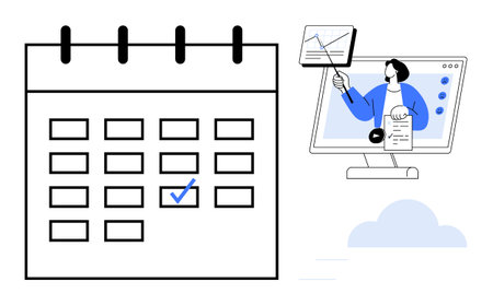 Scheduling concept. A calendar and online presentation signify scheduling tools and virtual coordination. Scheduling aids time management, meeting planning, and remote teamwork for businessesのイラスト素材