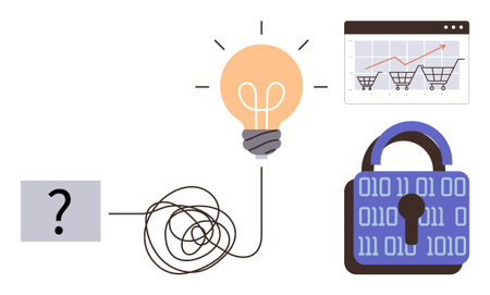 Lightbulb connected to tangled wire with question mark, shopping cart analytics, digital padlock. Ideal for innovation, problem-solving, e-commerce, security, data creativity technology. Simpleのイラスト素材