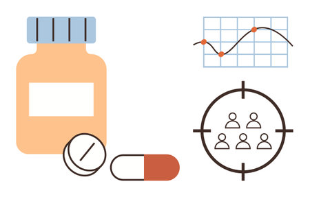 Medicine bottle, pills, capsule, graph with data points, and target group icon represent healthcare, research, analytics, pharmaceuticals, demographics precision medicine simple flat metaphorのイラスト素材