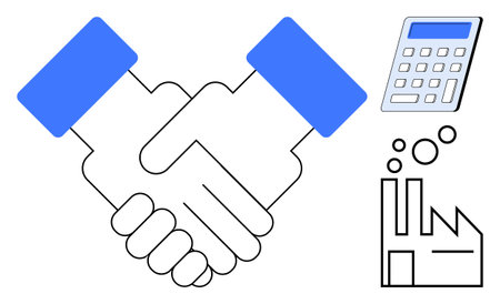Collaboration, finance management, business deals, industry, manufacturing, teamwork. A handshake with icons of a calculator and factory. Collaboration and finance management symbolのイラスト素材