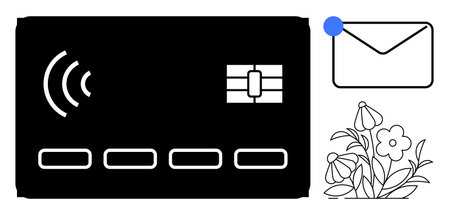 Digital payments, communication, online transactions, notifications, modern finance, and floral . A contactless credit card, email icon with alert and flowers. Digital payments and communicationのイラスト素材