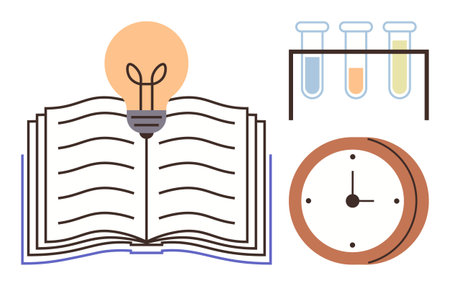 Open book under lightbulb, three test tubes, and round clock. Ideal for education, innovation, time management, research, science learning and creativity concepts. Simple flat metaphorのイラスト素材