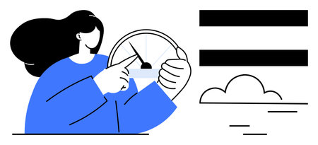 Woman pointing at gauge with focus on needle, indicating speed or progress. Minimal elements include horizontal bars and cloud. Ideal for performance, control, growth, analytics, feedback, progressのイラスト素材