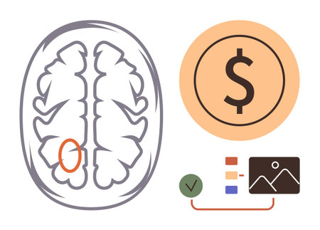 Brain outline with marked region, financial icon showcasing monetary focus, and task management symbols. Ideal for neuroscience, decision-making, finance, cognition, productivity, planning businessのイラスト素材
