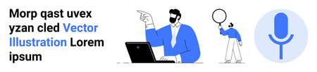 Man engages with laptop, pointing for emphasis. Person raises speech bubble in dialogue. Microphone...