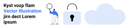 Man holding circular balloon near padlock and cloud. Ideal for security, privacy, cloud storage,...