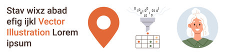Navigation, geolocation, technology, user profile, automation, data. Orange location pin, data funnel processing binary code and a smiling elderly woman portrait. Navigation and user profileのイラスト素材
