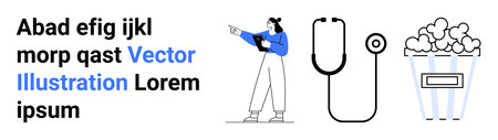 Woman holding a tablet and pointing, stethoscope symbolizing healthcare, popcorn for entertainment. Ideal for technology, health, leisure, education, media, lifestyle simple landing pageのイラスト素材
