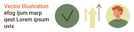 Success, growth, progress, decision-making, personal development, and business strategies. Circular green check mark, two upward arrows and a stylized person illustration. Success and growthのイラスト素材