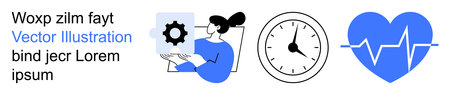 Healthcare, time tracking, digital technology, productivity, innovation, cardiovascular health. Woman holding a gear, clock and a heart with heartbeat symbol. Healthcare and time trackingのイラスト素材