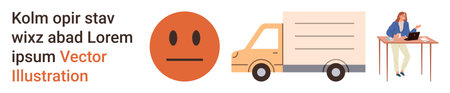 Business communication, transportation, work productivity, remote working, online logistics, emotions. Red neutral face, delivery truck and woman at desk. Business communication and transportationのイラスト素材