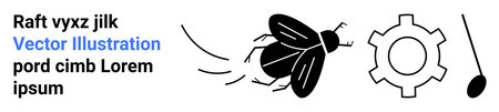 Black fly in motion approaching a gear and pendulum. Ideal for concepts of mechanics, motion, innovation, process analysis, nature, engineering, and a simple landing pageのイラスト素材