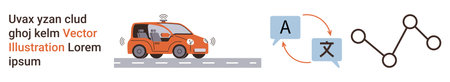 Artificial intelligence, self-driving cars, translation, connectivity, innovation, automation. A graphic of an autonomous vehicle, a language translation interface and a network icon. Self-drivingのイラスト素材