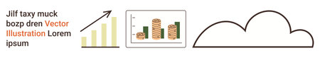 Business growth, data report, finance analysis, online storage, cloud technology, economic visualization. A rising chart, coin stack graph and cloud symbol. Business growth and data report conceptのイラスト素材