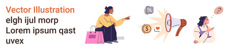 Shopping, customer service, marketing, communication, strategy, feedback. Customer holding bags,...