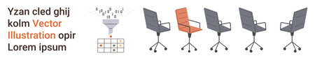 Business workflow, customization, data processing, decision-making, office solutions, innovation. Highlighted office chair and device processing data. Customization and data processing conceptのイラスト素材