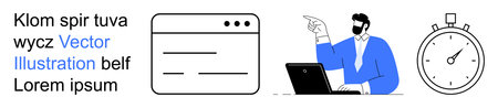 Time management, productivity, business strategies, deadlines, project planning, efficiency. a man with a laptop, browser window and stopwatch. Time management and productivity conceptのイラスト素材
