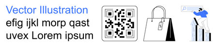 E-commerce, retail shopping, online search, data analysis, branding, and consumer behavior. QR code, shopping bag with a tag man analyzing search data. E-commerce and retail shopping conceptのイラスト素材