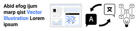 Language translation, blockchain technology, data analytics, innovation, communication, digital networks. Graphics include translation icon, blockchain diagram and analytics visualization. Languageのイラスト素材