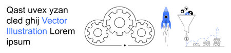 Innovation, business growth, automation, entrepreneurship, productivity, workflow optimization. Gears, rocket funnel with coins illustrate concepts. Business growth and automation themedのイラスト素材