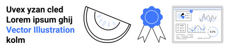 Business development, data analysis, certifications, education, awards, digital charts. Blue ribbon, sliced shape and analytical graphs. Business development and data analysis conceptのイラスト素材