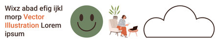 Emotions, positivity, work-life balance, remote work, happiness, creativity. happy face, seated woman with laptop and cloud design. Positivity and work-life balance conceptsのイラスト素材