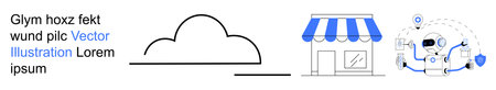 Cloud technology, retail services, artificial intelligence, digital transformation, cybersecurity, and remote systems. Cloud icon, shop building and robot with data points. Cloud technologyのイラスト素材