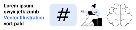 Person working on laptop beside metadata tag and brain sketch. Ideal for creativity, brainstorming, social media, connection, learning, digital innovation, simple landing pageのイラスト素材
