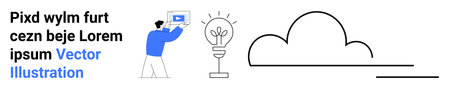 Man holding laptop near glowing light bulb and abstract cloud, representing technology, ideas,...