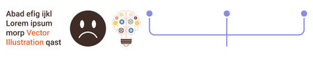 Emotional expression, innovation, data management, progress tracking, creative solutions, workflow visualization. Sad face icon, light bulb with symbols timeline with nodes. Emotional expressionのイラスト素材