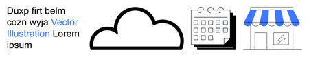 Cloud technology, e-commerce, productivity management, business scheduling, retail innovation, digital transformation. A black cloud icon, a calendar and a storefront illustration. Cloud technologyのイラスト素材