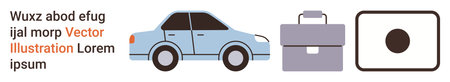 Transportation, business, work tools, buttons, minimal design, corporate concepts. Blue car, gray briefcase and black button icon. Transportation and business-related objectsのイラスト素材