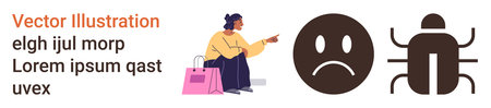 Cybersecurity, miscommunication, consumer alert, bug detection, online shopping issues, error identification. Person with shopping bags pointing to icons of sad face and bug. Cybersecurityのイラスト素材