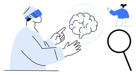 Artificial intelligence, virtual reality, brain science, data visualization, healthcare innovation, digital technology. Human pointing at a brain model with magnifying glass and tech elementsのイラスト素材