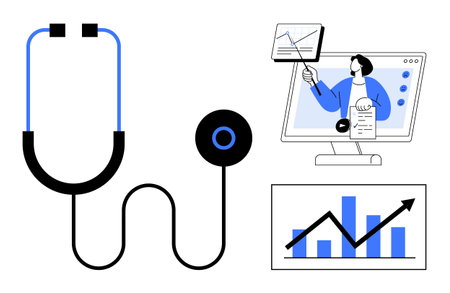 Healthcare concept. Stethoscope medical care, data charts for analysis trends, and online teaching. Healthcare for digital learning, medical progress, telemedicine, diagnostics, researchのイラスト素材