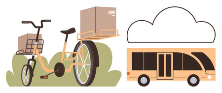 Cargo bike with parcel carrier and sleek bus highlight sustainable urban transport. Ideal for eco-logistics, public transport, urban delivery, green energy, mobility solutions, sustainability, simpleのイラスト素材