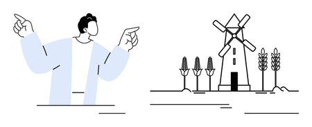 Person gesturing with both hands towards a windmill surrounded by crops, combining sustainability and rural development. Ideal for clean energy, agriculture, eco-living, innovation, productivityのイラスト素材