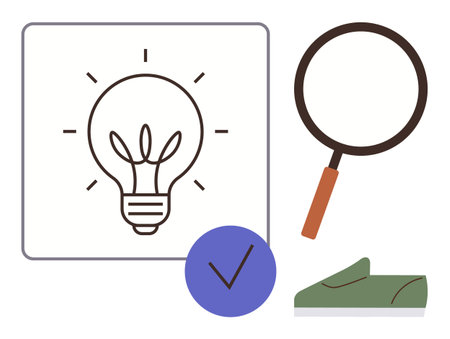 Lightbulb alongside magnifying glass, checkmark, and upward graph showcases idea generation, research, and goal achievement. Ideal for creativity, innovation, success, strategy explorationのイラスト素材