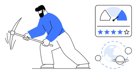 Cryptocurrency innovation. A miner works with a pickaxe, blockchain and cryptocurrency mining. Cryptocurrency illustrated with performance metrics and global . Suitable for finance, blockchainのイラスト素材
