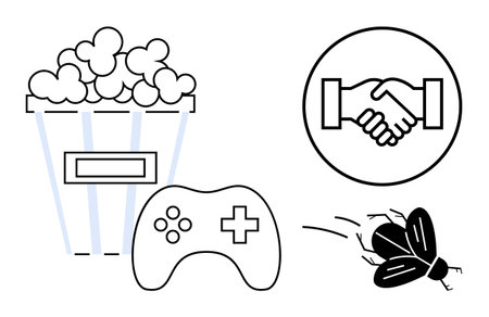 Entertainment concept. Popcorn, a game controller, and icons of a handshake and fly leisure and collaboration. Perfect for gaming, cinema, social interactions, pest control, and hobbiesのイラスト素材