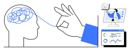 Problem solving. A hand untangling a complex brain, clarity and decision-making. Problem solving in research, mental health, innovative thinking, education, and analyticsのイラスト素材