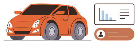 Orange car with sleek design beside a dashboard with bar chart and profile details. Ideal for automotive innovation, transportation, car analytics, user interface, eco-design, smart tech, futureのイラスト素材