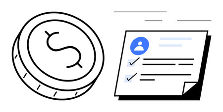 Coin and checklist with user profile and checks symbolize financial planning, task management, and budgeting. Ideal for finance, productivity, goals, economy, organization, savings simple flatのイラスト素材