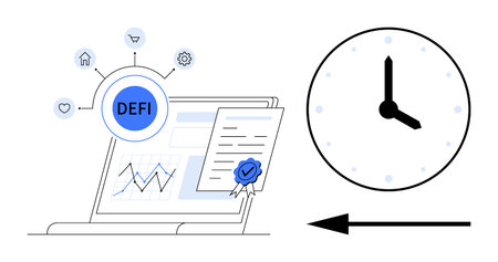 Decentralized finance. Decentralized finance illustrated with a laptop, blockchain certification, analytics, and time concept. Decentralized finance enables future-ready transactions. Perfectのイラスト素材