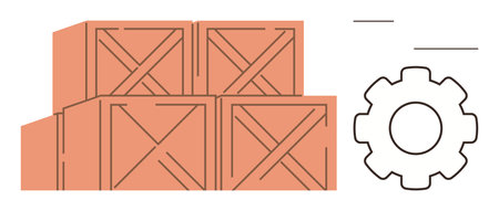 Stacked wooden crates next to a gear icon indicates logistics, inventory processes, warehouse operations. Ideal for supply chain, productivity, packaging, shipping, storage manufacturing. Simpleのイラスト素材