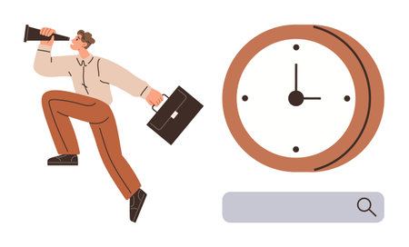 Man running with a briefcase and telescope near a clock, emphasizing time management, urgency, and search for opportunities. Ideal for productivity, deadlines, efficiency, focus, goal-setting careerのイラスト素材