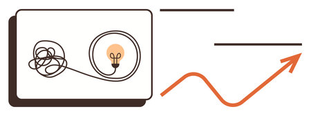 Tangled line evolving into a lightbulb symbolizing problem-solving, leading to a smooth upward arrow curve representing progress. Ideal for innovation, strategy, creativity, growth, planningのイラスト素材